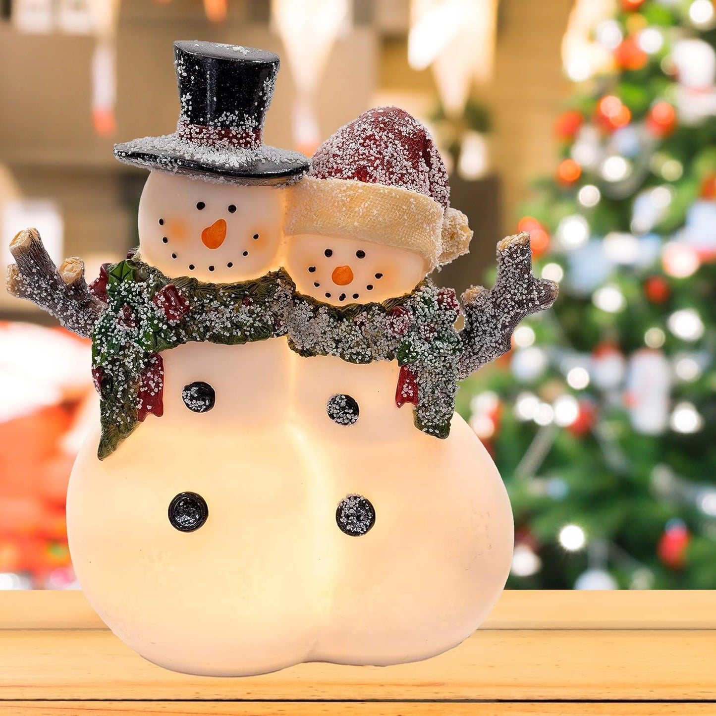 Christmas Snowman Couple Decor - LED Lighted Figurines, Indoor Glowing Holiday Decorations, Festive Fiber Optic Resin Snowman Light Up
