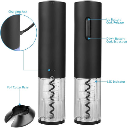Electric Wine Opener, Automatic Electric Wine Bottle Corkscrew Opener, Rechargeable Stainless Steel Cordless Electric Wine Bottle Opener Gift Set with Foil Cutter, USB Charging Cable