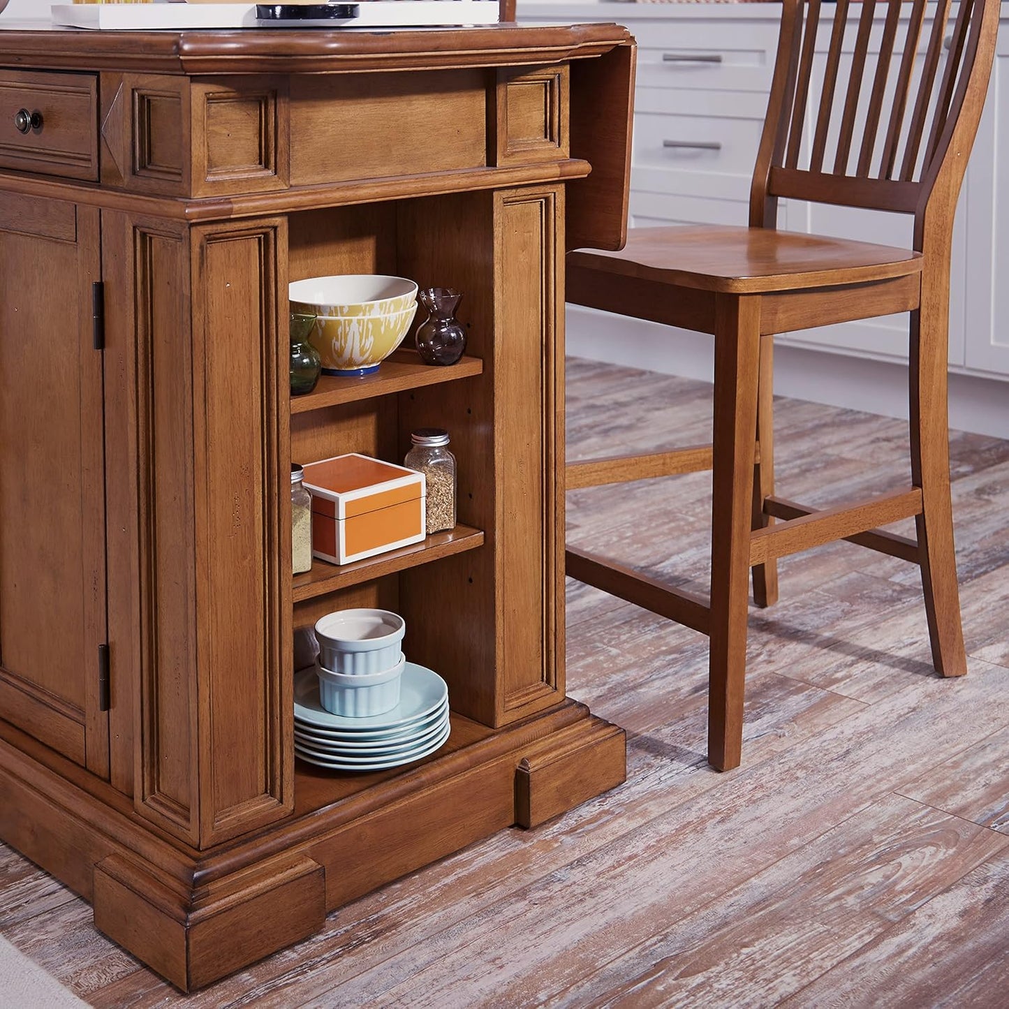 Americana Cottage Oak 3-Piece Kitchen Island Set with Hardwood Drop Leaf Top and Two Counter Stools
