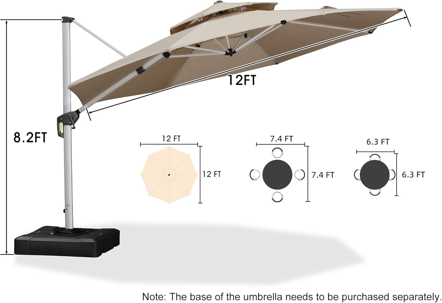 12 Feet Double Top round Deluxe Patio Umbrella Offset Hanging Umbrella Outdoor Market Umbrella Garden Umbrella, Beige