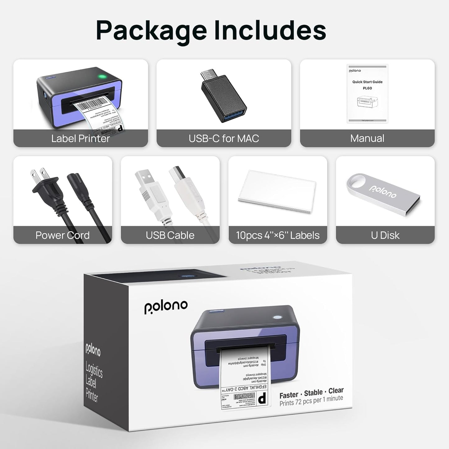 Shipping Label Printer, PL60 4X6 Label Printer for Shipping Packages, Direct Thermal Printer, Compatible with Windows, Mac, Linux, Widely Use for Shopify, Ebay, Amazon, UPS, Fedex, Etsy, Purple