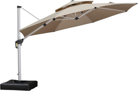 12 Feet Double Top round Deluxe Patio Umbrella Offset Hanging Umbrella Outdoor Market Umbrella Garden Umbrella, Beige