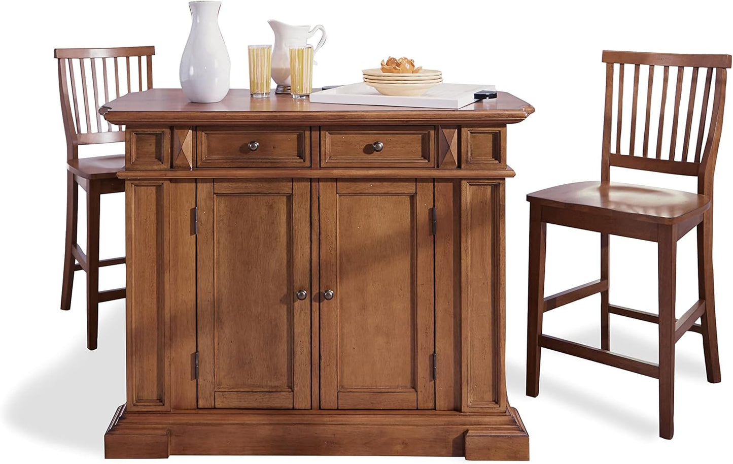 Americana Cottage Oak 3-Piece Kitchen Island Set with Hardwood Drop Leaf Top and Two Counter Stools