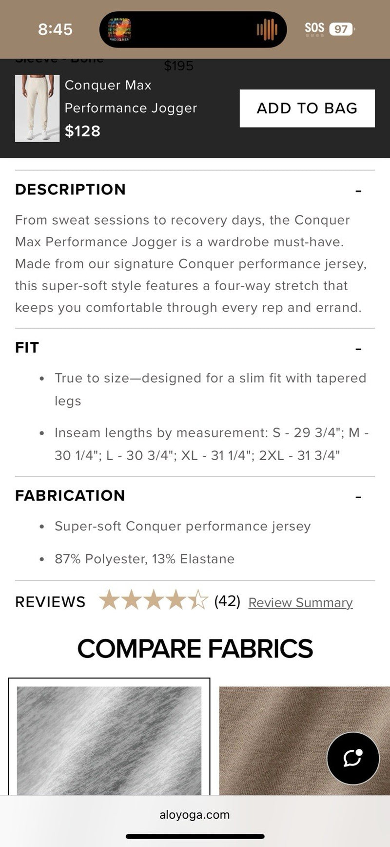 Alo Yoga Men’S Conquer Max Performance Jogger $128 MSRP Black Size Medium